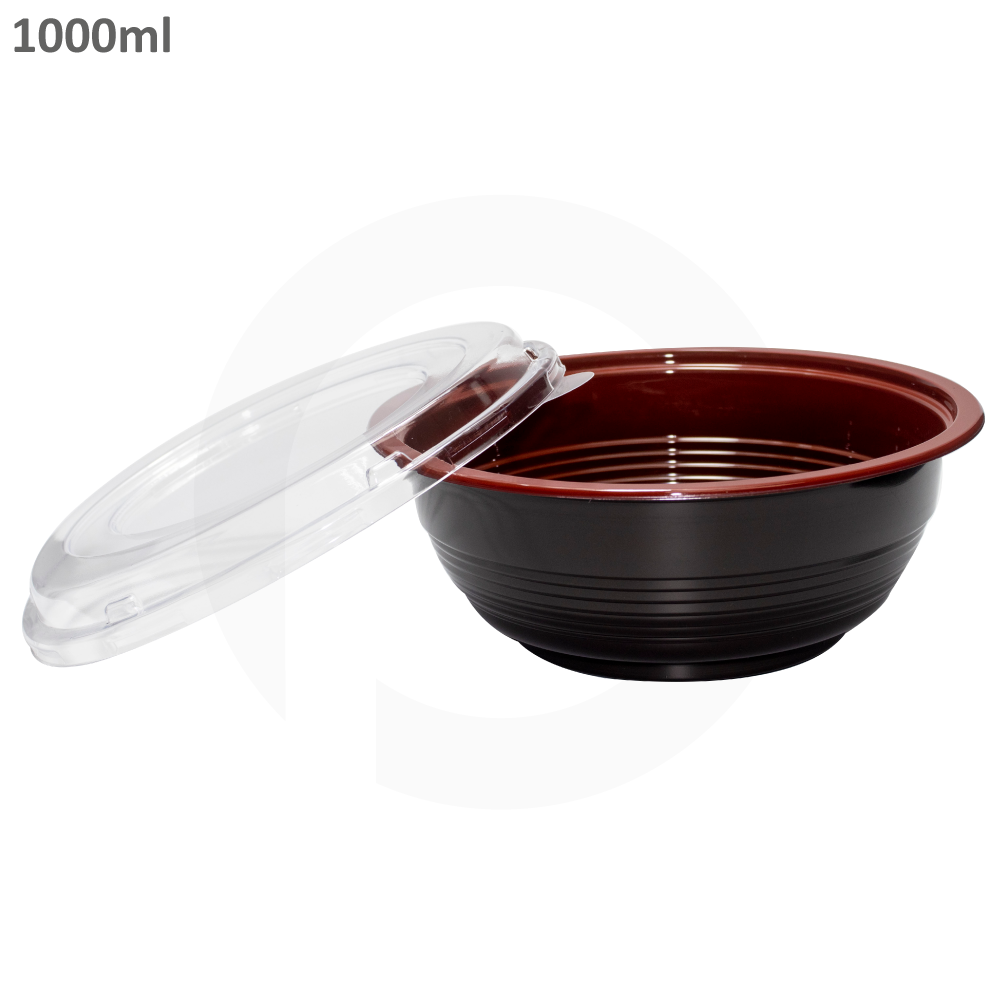1000ml PP Plastic Round Black Bowl Clear Lid 200/ctn