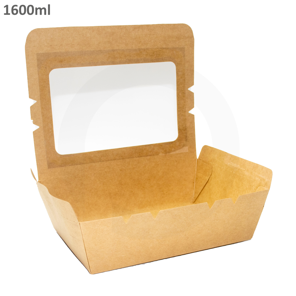 علبه طعام 1600 مل ورق كرافت بنافذة بلاستيك شفاف 200 حبة