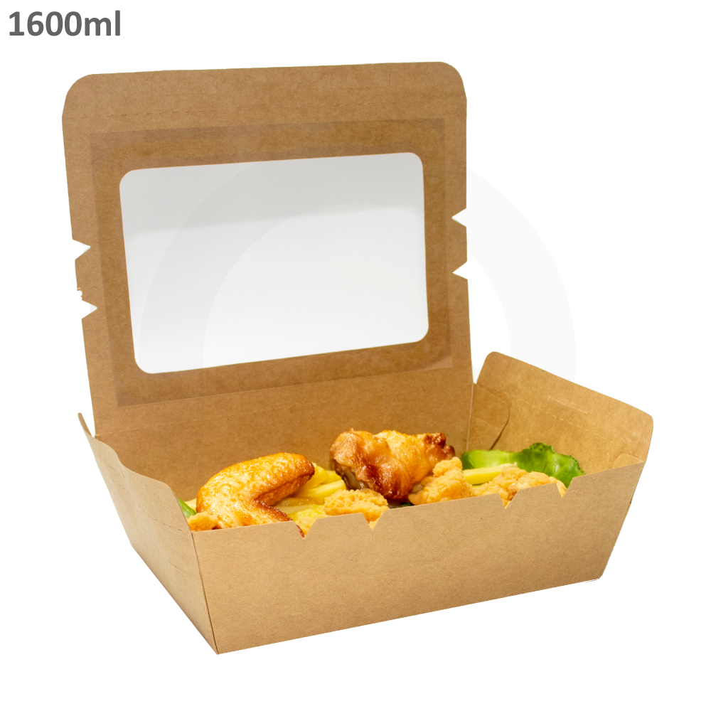 علبه طعام 1600 مل ورق كرافت بنافذة بلاستيك شفاف 200 حبة