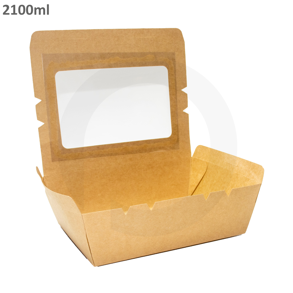 علبه طعام 2100 مل ورق كرافت بنافذة بلاستيك شفاف 200 حبة