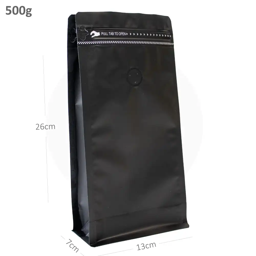 [021010] 500g Black Flat Bottom Ziplock Valve Bag 300/ctn
