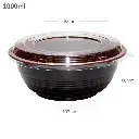 1000ml PP Plastic Round Black Bowl Clear Lid 200/ctn 