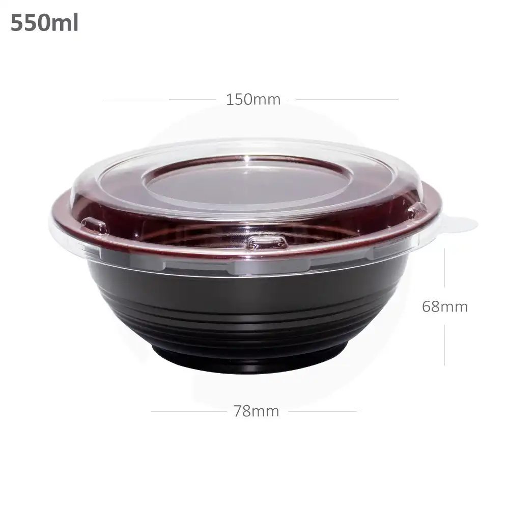 550ml PP Plastic Round Black Bowl with Clear Lid 250/ctn