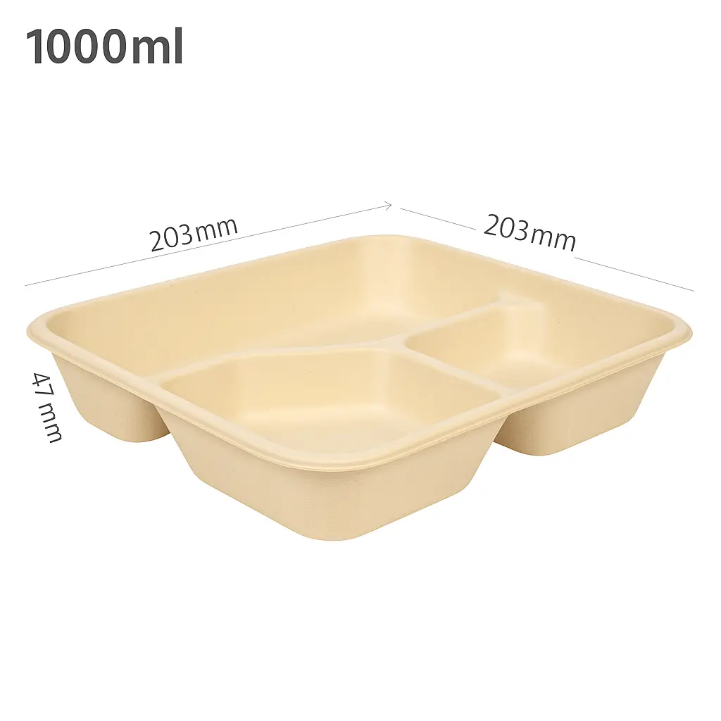 [018011] 1000ml Bagasse Sugarcane Square 3-compartment Food Bowl 200/ctn