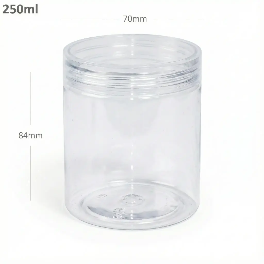 250ml/70mm PET Plastic Jar Clear PP Cap 100/ctn
