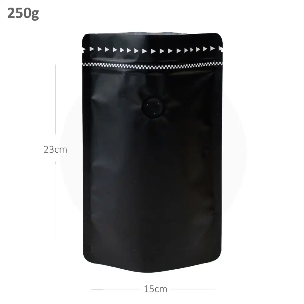 [021001] 250g Black Stand Up Ziplock Valve Bag 300/ctn
