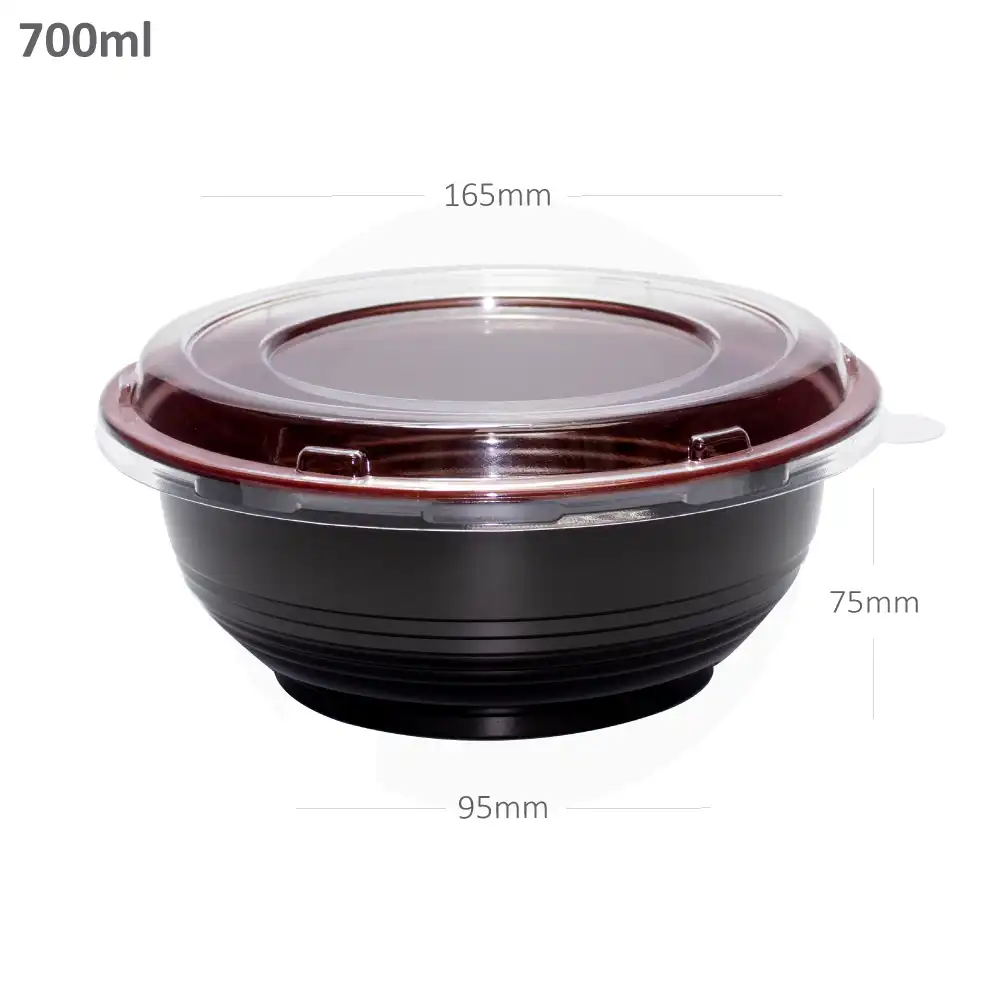 [020003] 700ml PP Plastic Round Black Bowl Clear Lid 200/ctn