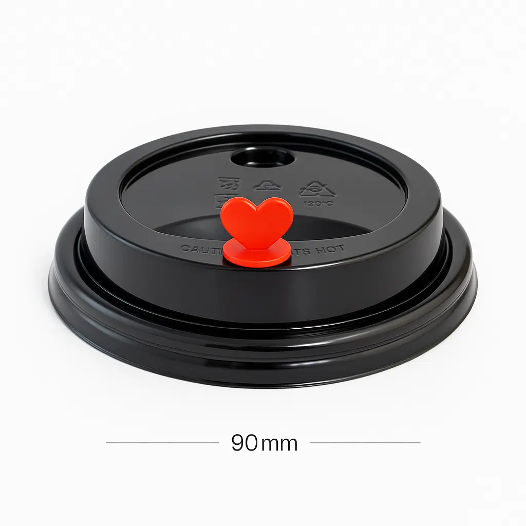 [012102] 90mm PP Plastic Black Lid with Red Heart 500/ctn